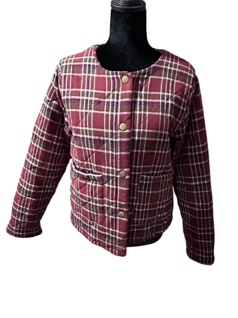 Hem & Thread Size Large Quilted Plaid Snap-Front Jacket - Burgundy NWOT